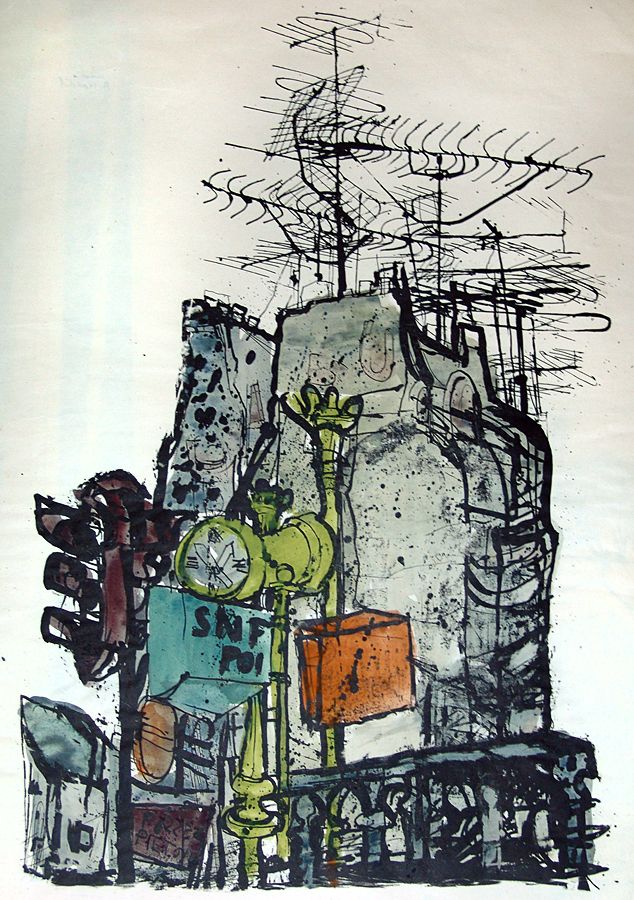 Haus in Paris, handkolorierte Lithographie, 1970, Plakatentwurf